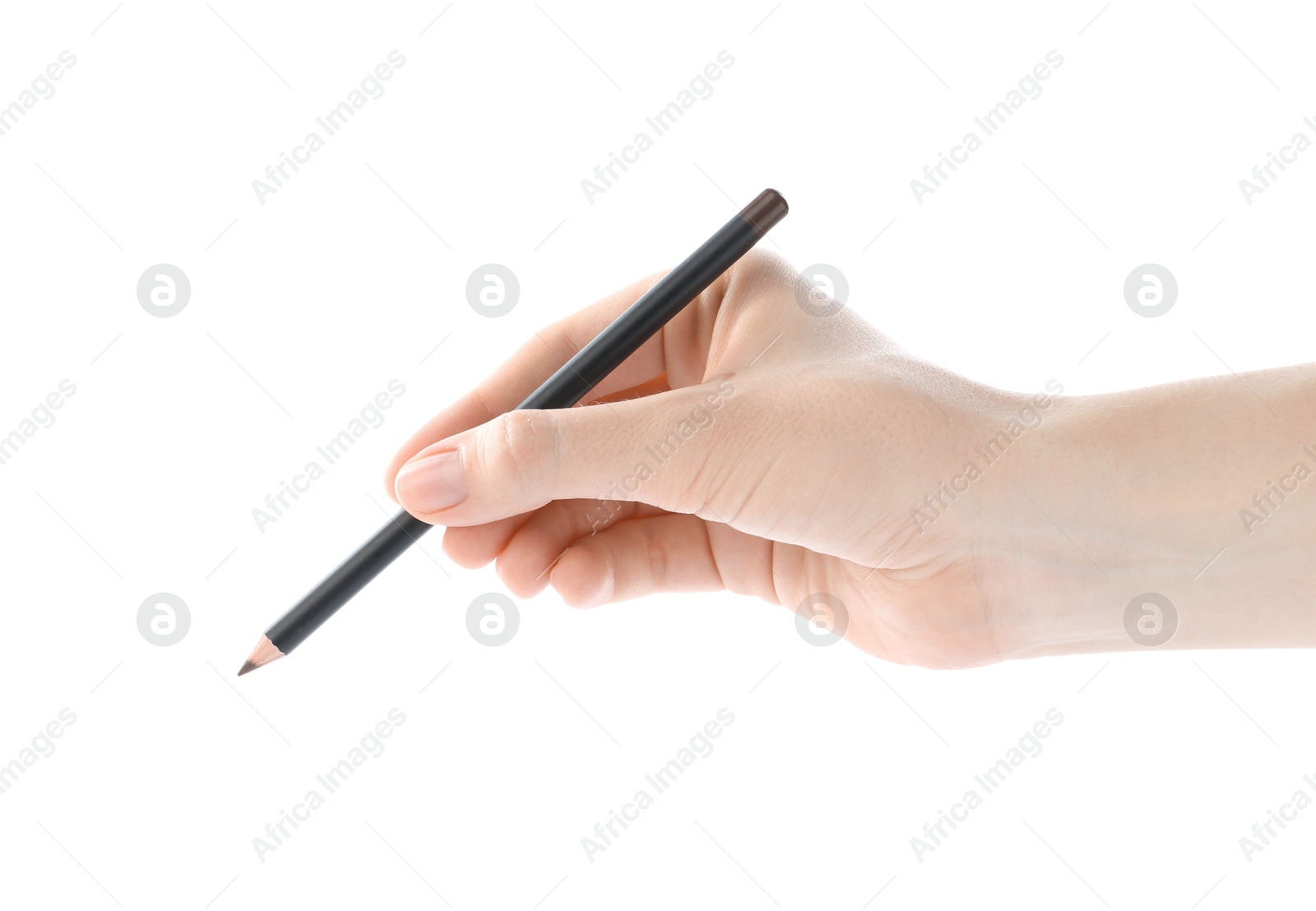 Photo of Woman with eyebrow pencil on white background, closeup