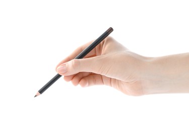 Photo of Woman with eyebrow pencil on white background, closeup