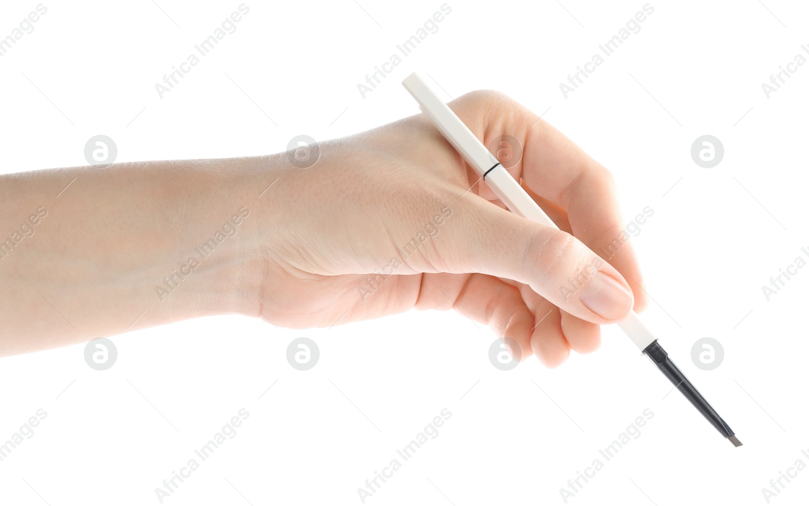 Photo of Woman with eyebrow pencil on white background, closeup