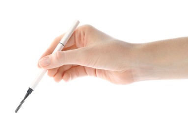 Photo of Woman with eyebrow pencil on white background, closeup