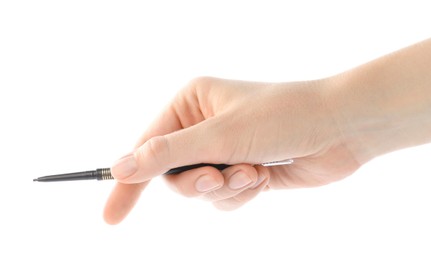 Photo of Woman with eyebrow pencil on white background, closeup