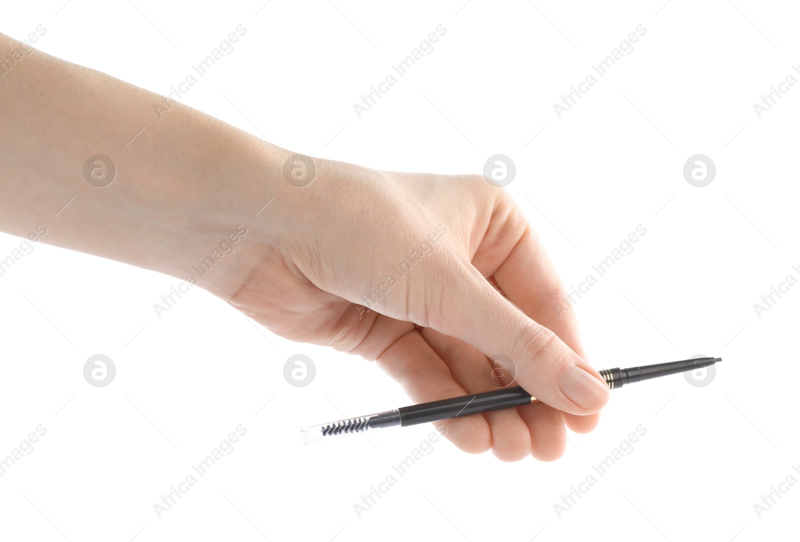 Photo of Woman with eyebrow pencil on white background, closeup