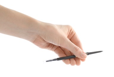 Photo of Woman with eyebrow pencil on white background, closeup