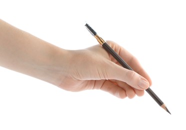 Photo of Woman with eyebrow pencil on white background, closeup