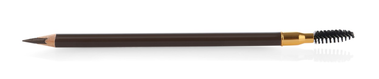 Photo of One brown eyebrow pencil with brush isolated on white, top view
