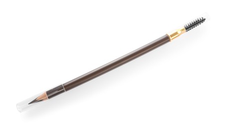 Photo of One brown eyebrow pencil with brush isolated on white, top view