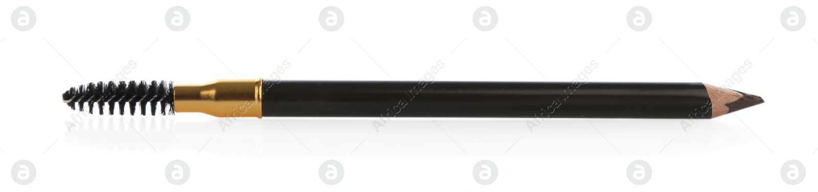 One brown eyebrow pencil with brush isolated on white, top view Photo of One brown eyebrow pencil with brush isolated on white, top view