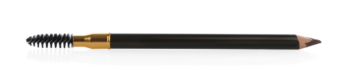 Photo of One brown eyebrow pencil with brush isolated on white, top view