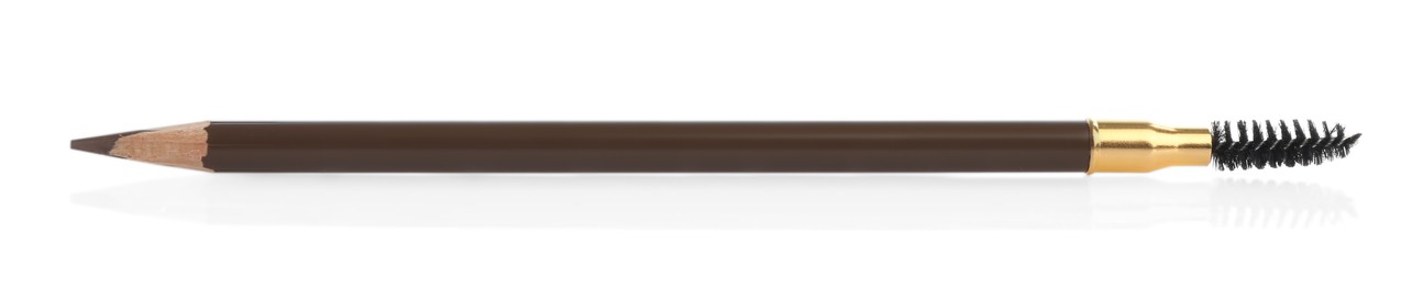 Photo of One brown eyebrow pencil with brush isolated on white, top view