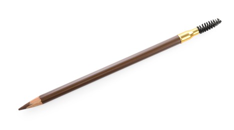 Photo of One brown eyebrow pencil with brush isolated on white, top view