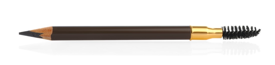 Photo of One brown eyebrow pencil with brush isolated on white, top view