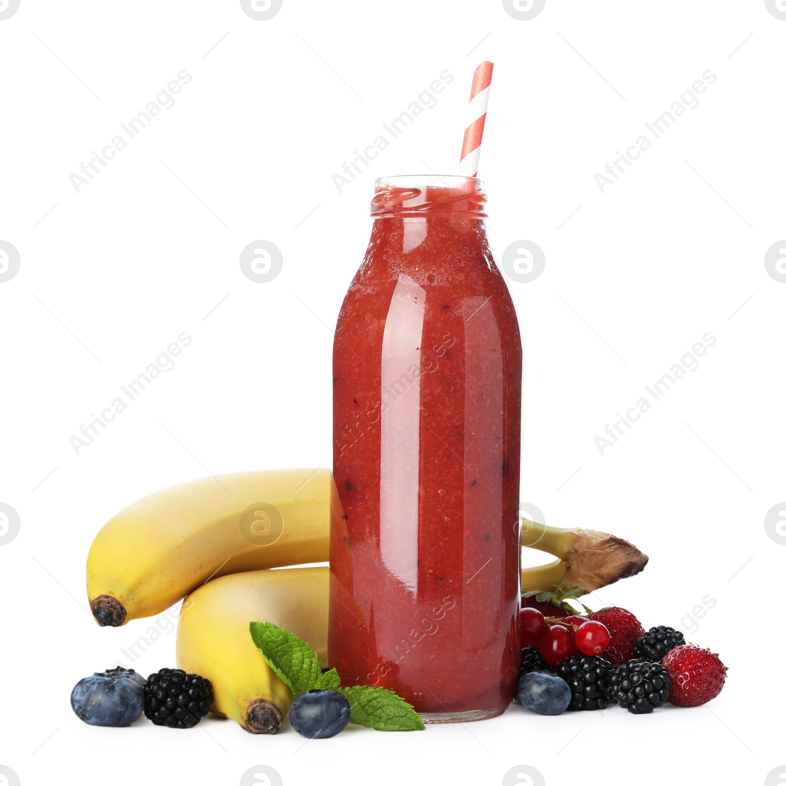 Superfood. Tasty smoothie in glass bottle and ingredients isolated on white Photo of Superfood. Tasty smoothie in glass bottle and ingredients isolated on white