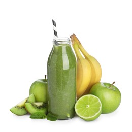 Photo of Superfood. Tasty smoothie in glass bottle and ingredients isolated on white