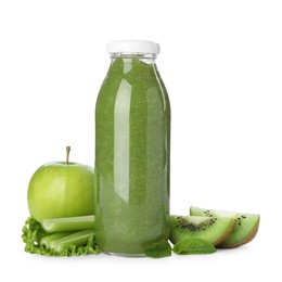 Photo of Superfood. Tasty smoothie in glass bottle and ingredients isolated on white