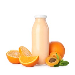 Photo of Superfood. Tasty smoothie in glass bottle and ingredients isolated on white