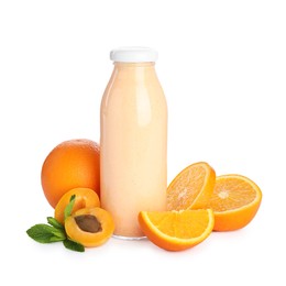 Photo of Superfood. Tasty smoothie in glass bottle and ingredients isolated on white