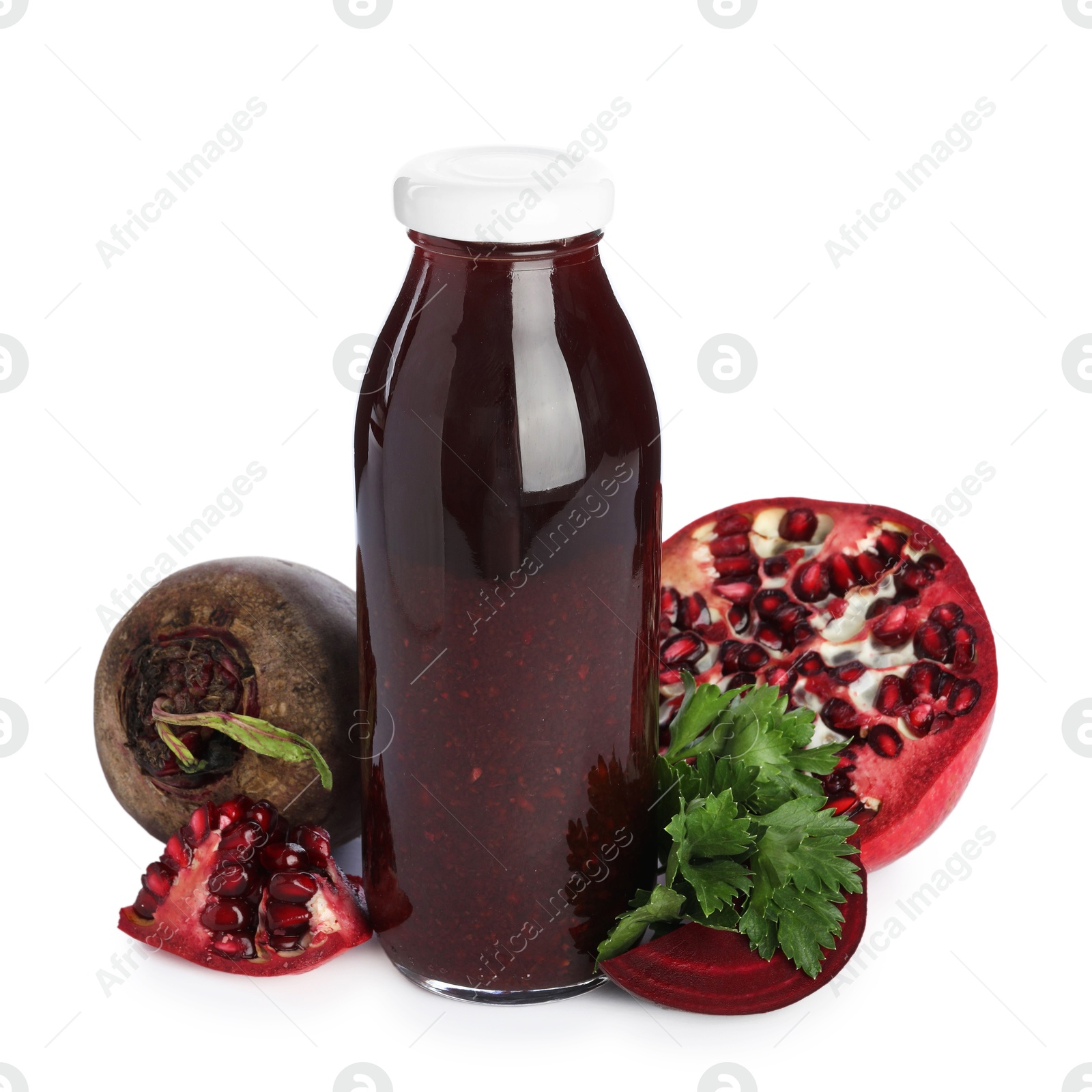 Superfood. Tasty smoothie in glass bottle and ingredients isolated on white Photo of Superfood. Tasty smoothie in glass bottle and ingredients isolated on white