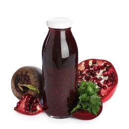 Photo of Superfood. Tasty smoothie in glass bottle and ingredients isolated on white
