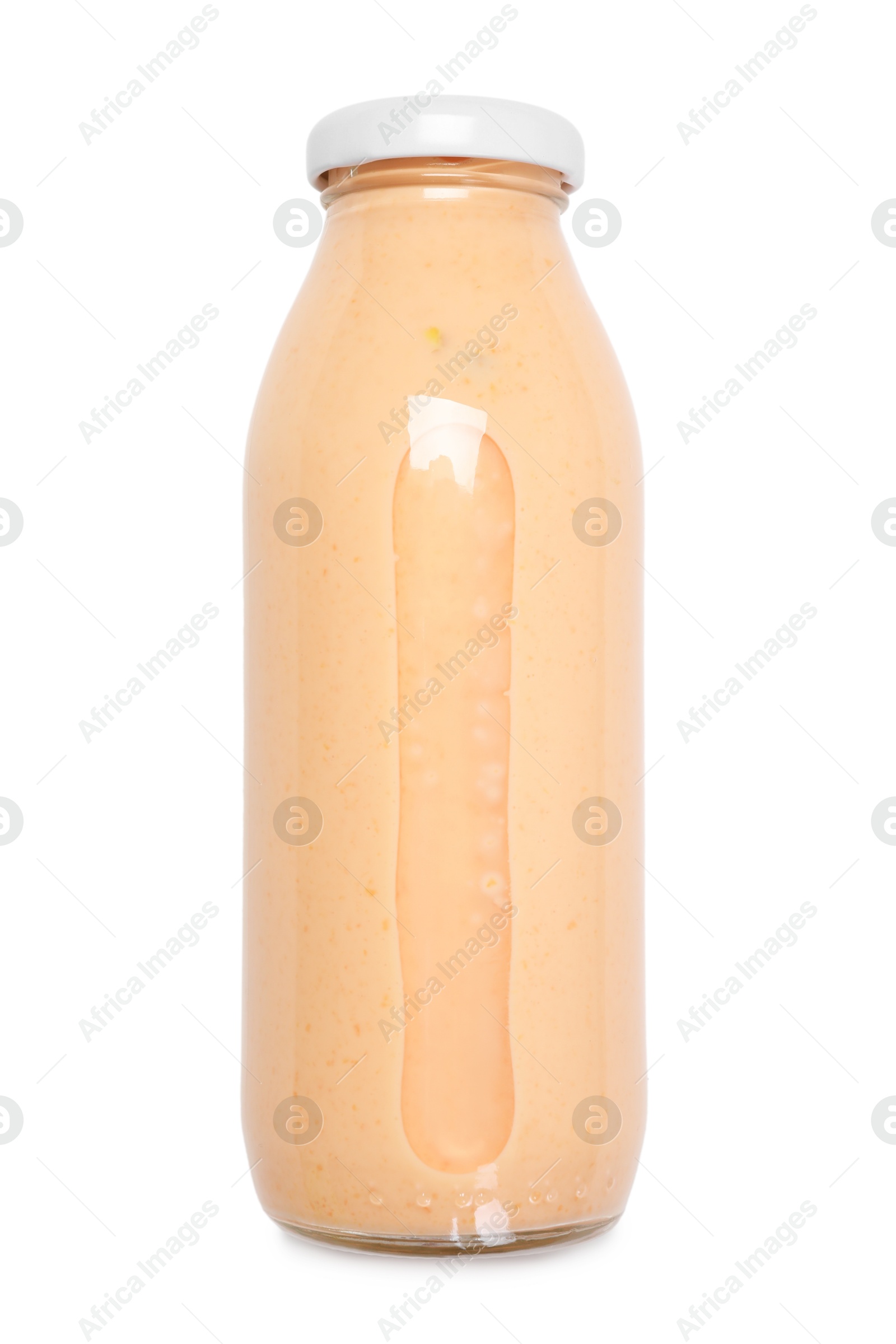 Photo of Superfood. Tasty smoothie in glass bottle isolated on white