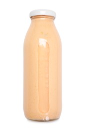 Photo of Superfood. Tasty smoothie in glass bottle isolated on white
