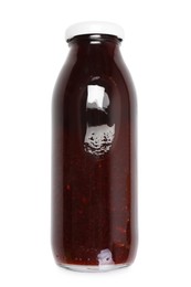 Photo of Superfood. Tasty smoothie in glass bottle isolated on white