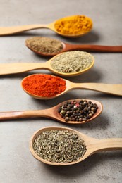 Photo of Different aromatic spices in wooden spoons on gray textured table, closeup