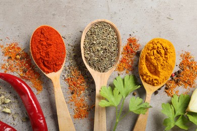 Photo of Different aromatic spices on gray textured table, flat lay