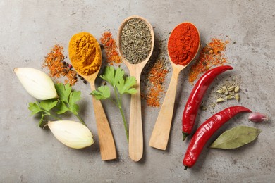 Photo of Different aromatic spices on gray textured table, flat lay