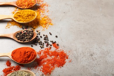 Photo of Different aromatic spices on gray textured table, closeup. Space for text