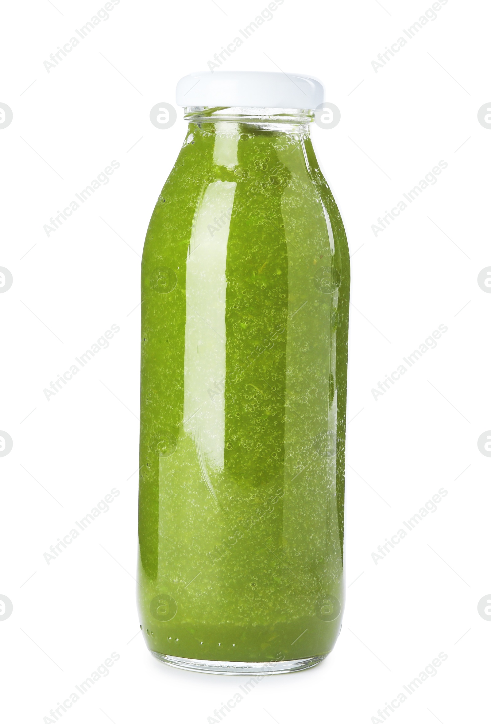 Superfood. Tasty smoothie in glass bottle isolated on white Photo of Superfood. Tasty smoothie in glass bottle isolated on white