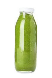 Photo of Superfood. Tasty smoothie in glass bottle isolated on white
