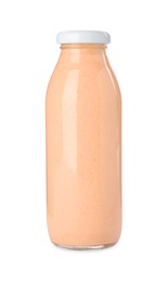 Photo of Superfood. Tasty smoothie in glass bottle isolated on white