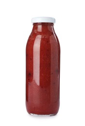 Photo of Superfood. Tasty smoothie in glass bottle isolated on white