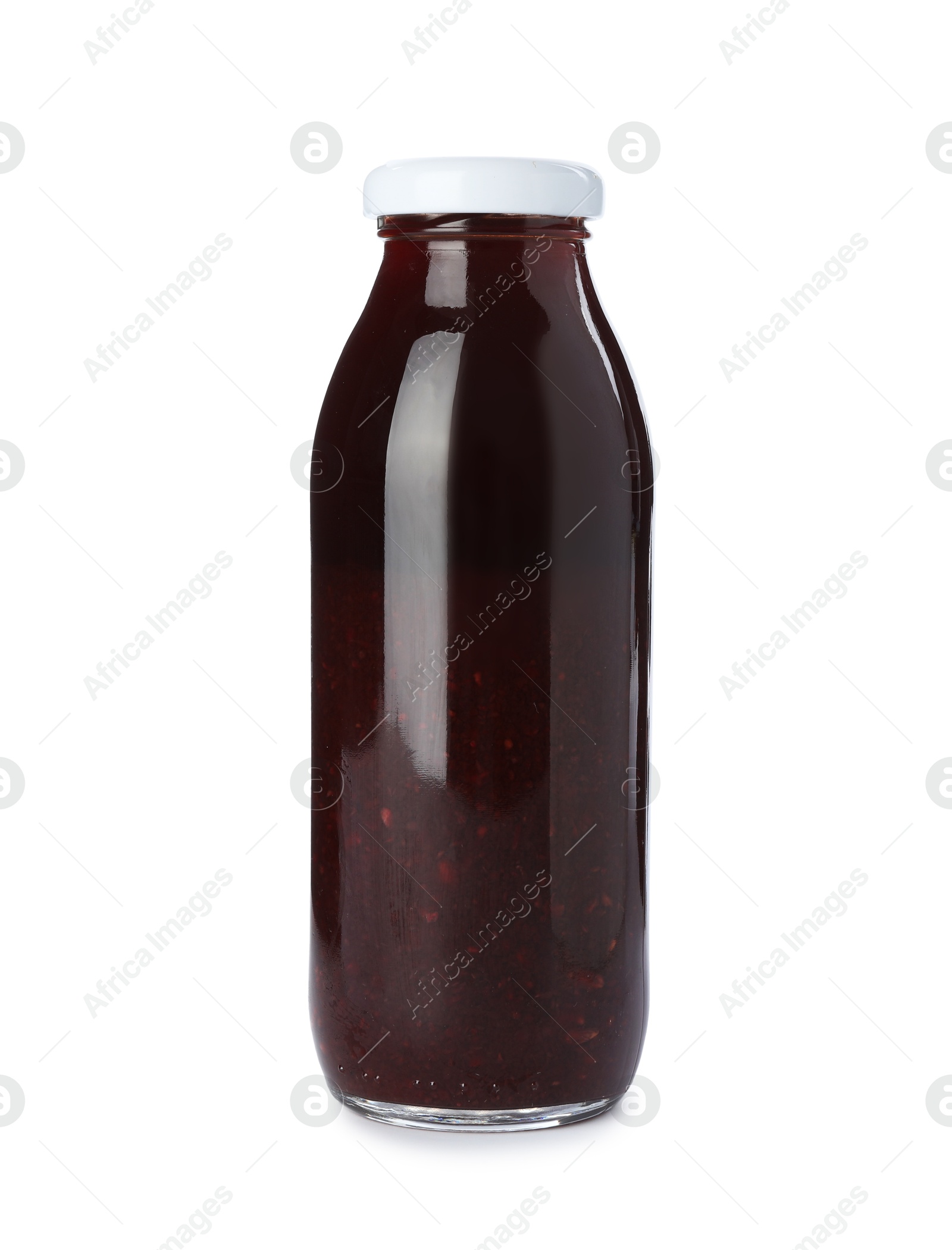 Photo of Superfood. Tasty smoothie in glass bottle isolated on white