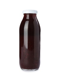 Photo of Superfood. Tasty smoothie in glass bottle isolated on white