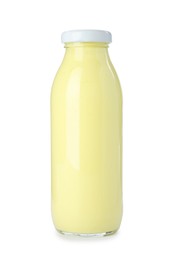 Photo of Superfood. Tasty smoothie in glass bottle isolated on white