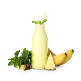 Photo of Superfood. Tasty smoothie in glass bottle and ingredients isolated on white