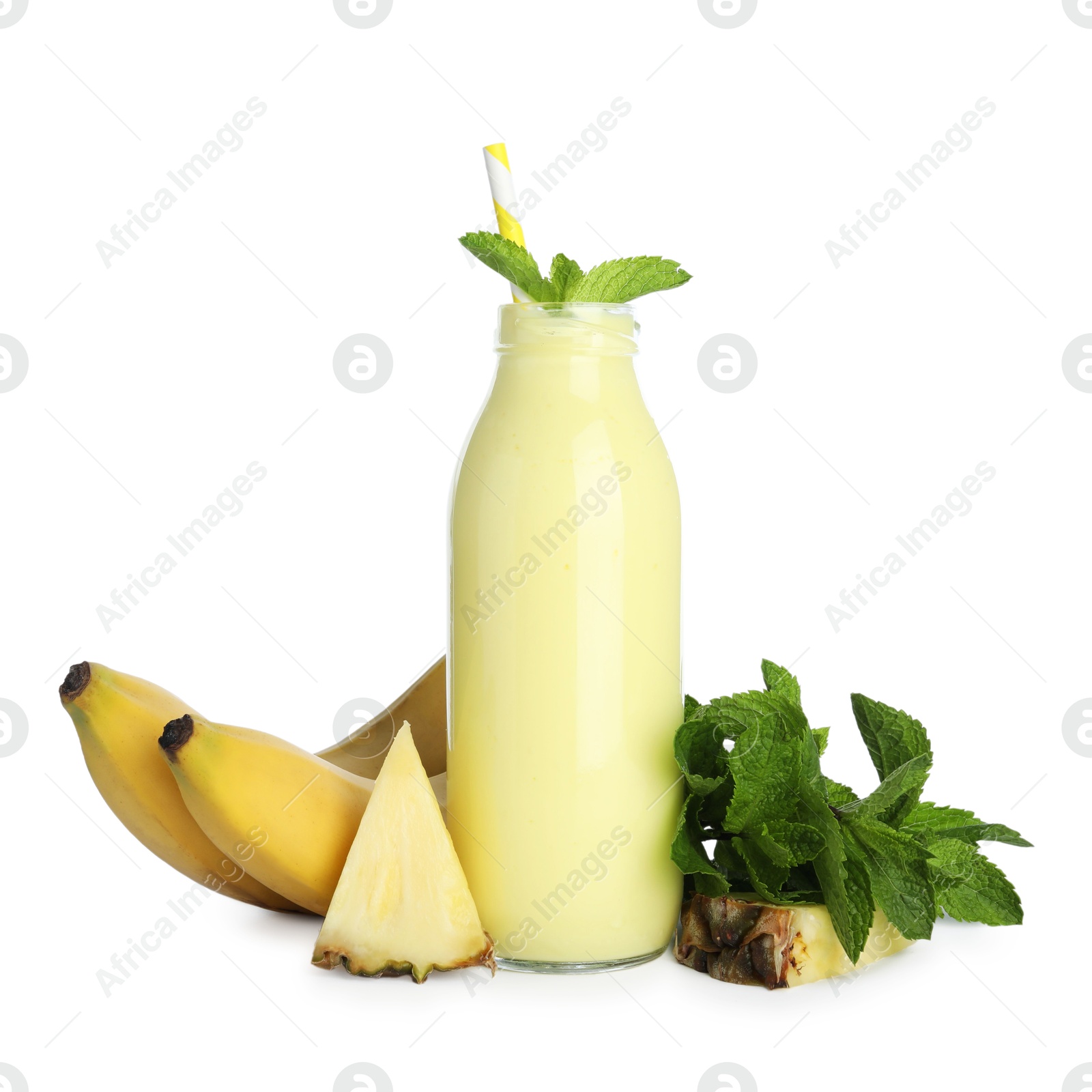 Superfood. Tasty smoothie in glass bottle and ingredients isolated on white Photo of Superfood. Tasty smoothie in glass bottle and ingredients isolated on white