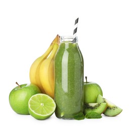 Photo of Superfood. Tasty smoothie in glass bottle and ingredients isolated on white