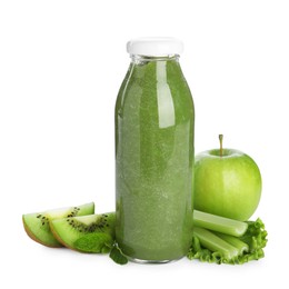Photo of Superfood. Tasty smoothie in glass bottle and ingredients isolated on white