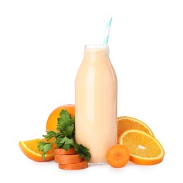 Photo of Superfood. Tasty smoothie in glass bottle and ingredients isolated on white