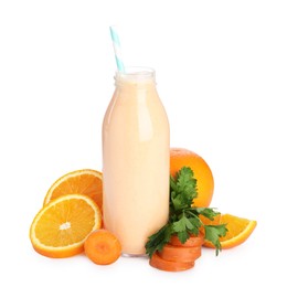 Photo of Superfood. Tasty smoothie in glass bottle and ingredients isolated on white