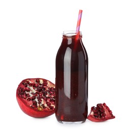 Photo of Superfood. Tasty smoothie in glass bottle and ingredients isolated on white