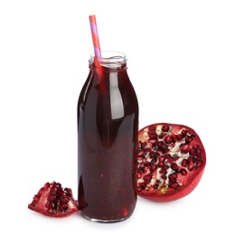 Photo of Superfood. Tasty smoothie in glass bottle and ingredients isolated on white