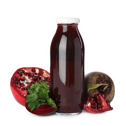 Photo of Superfood. Tasty smoothie in glass bottle and ingredients isolated on white
