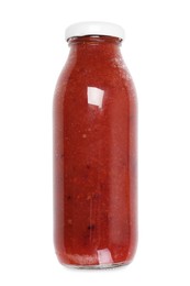 Photo of Superfood. Tasty smoothie in glass bottle isolated on white
