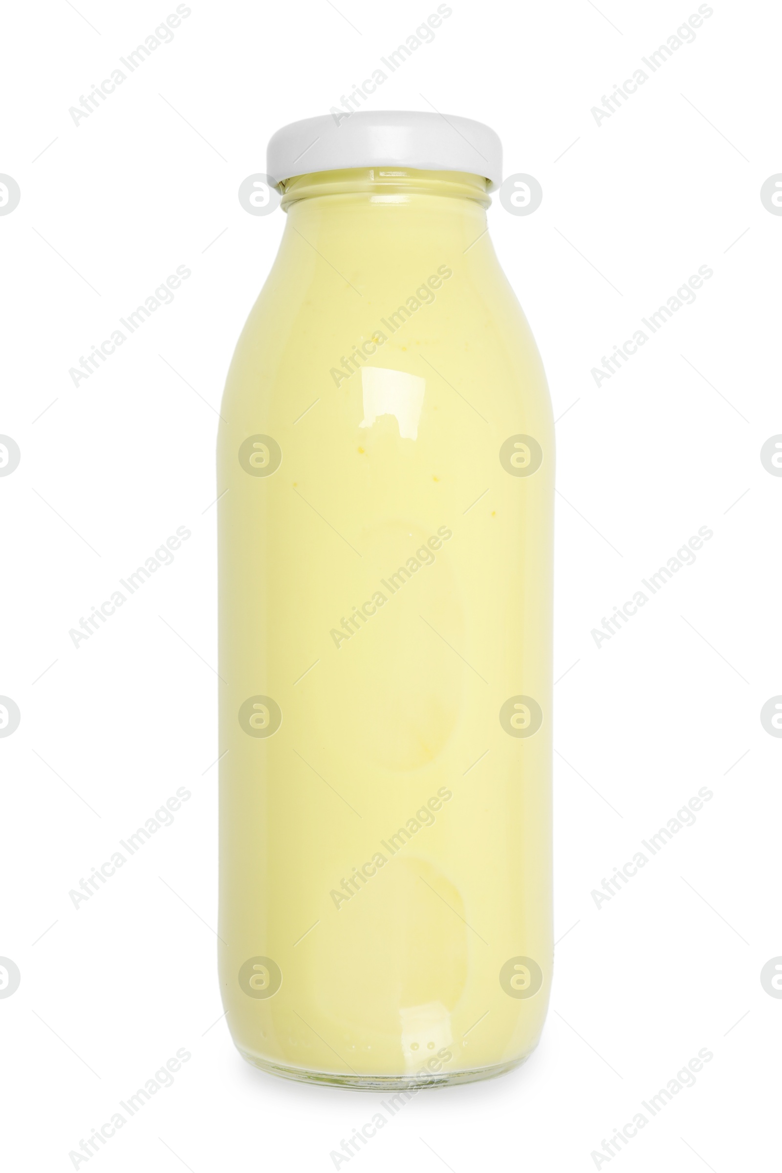 Photo of Superfood. Tasty smoothie in glass bottle isolated on white