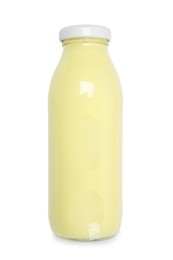 Photo of Superfood. Tasty smoothie in glass bottle isolated on white