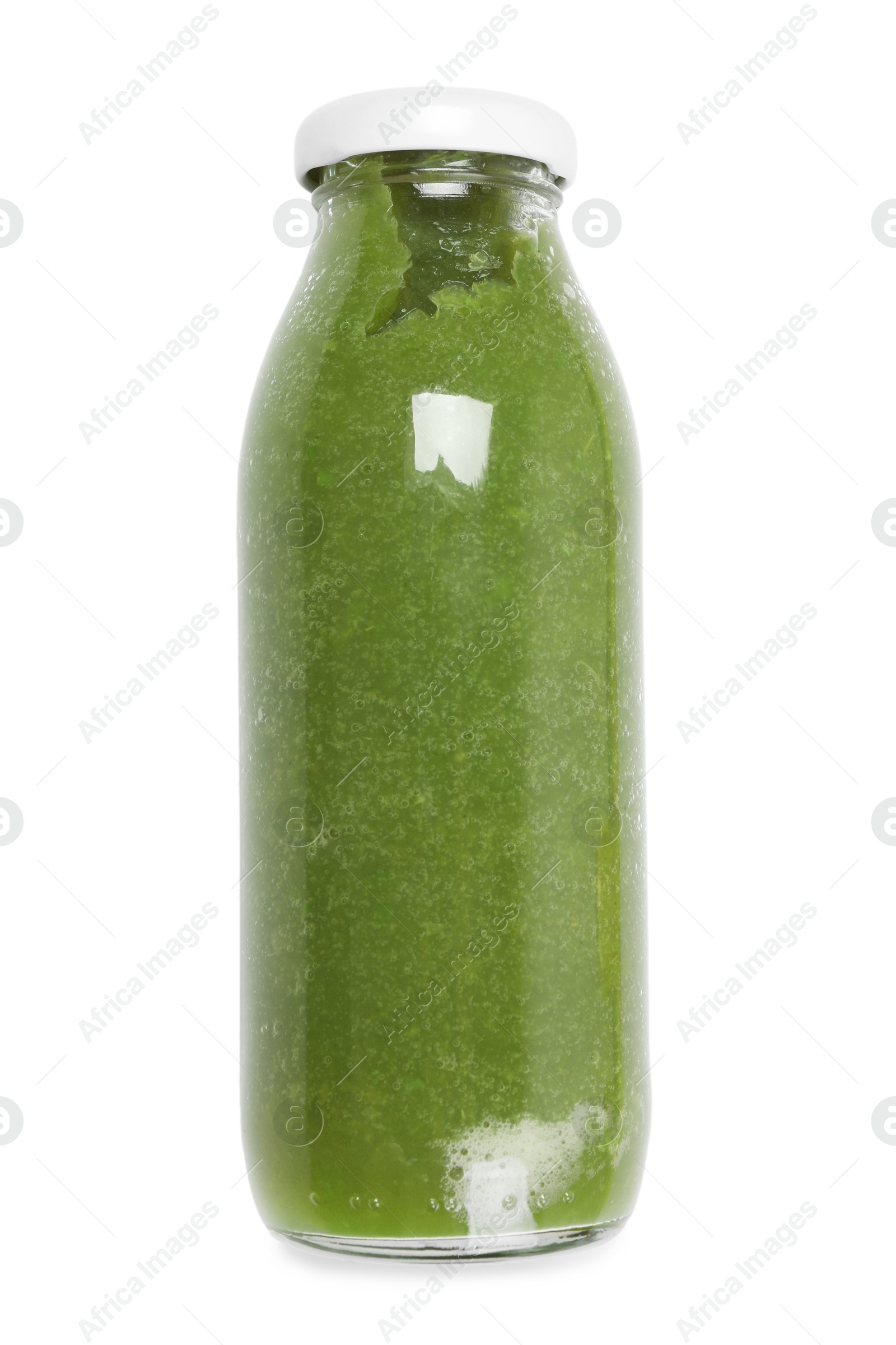Superfood. Tasty smoothie in glass bottle isolated on white Photo of Superfood. Tasty smoothie in glass bottle isolated on white