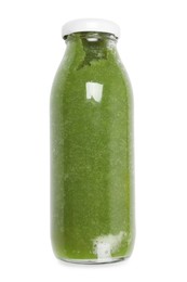 Photo of Superfood. Tasty smoothie in glass bottle isolated on white